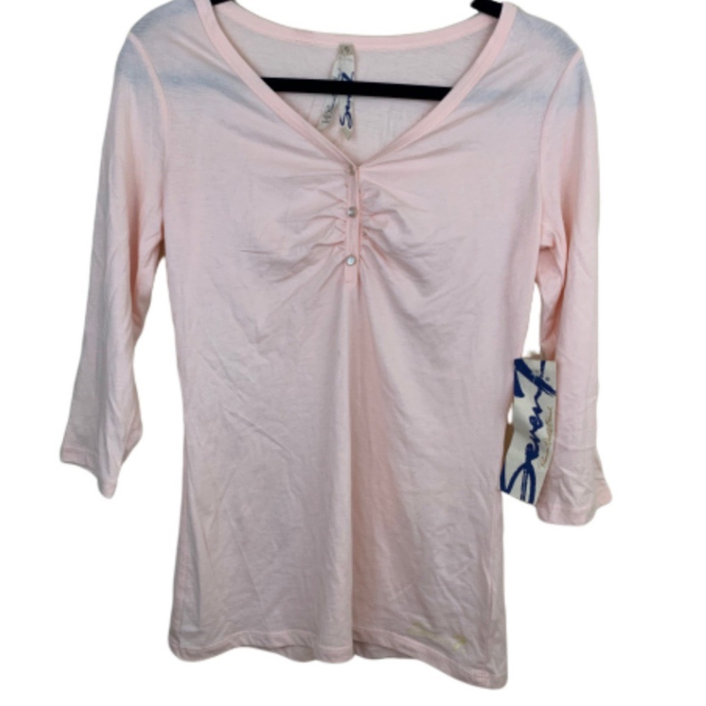 NWT 7FAM blush ruched quarter sleeve henley tee